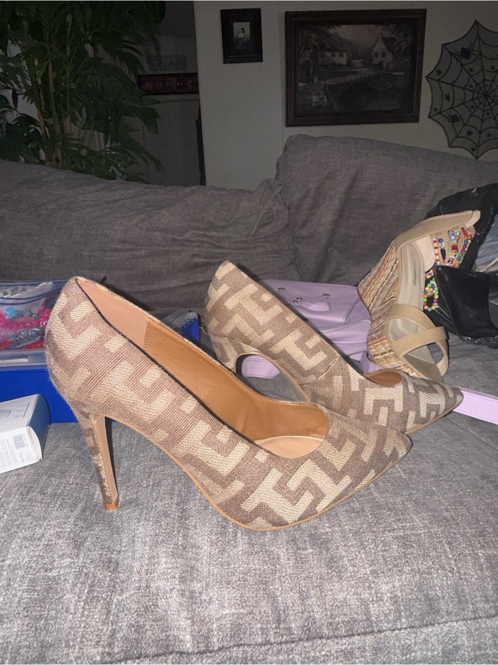 ShoeDazzle Gisselle Brown Monogram Pointed Toe Heels – Size 9